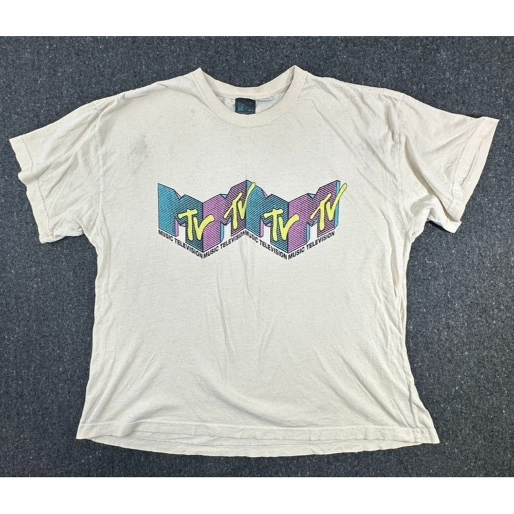 MTV T-Shirt Mens L/XL Beige Graphic Retro 90s MTV Casual Wear Rock Skate VTG - Picture 1 of 8
